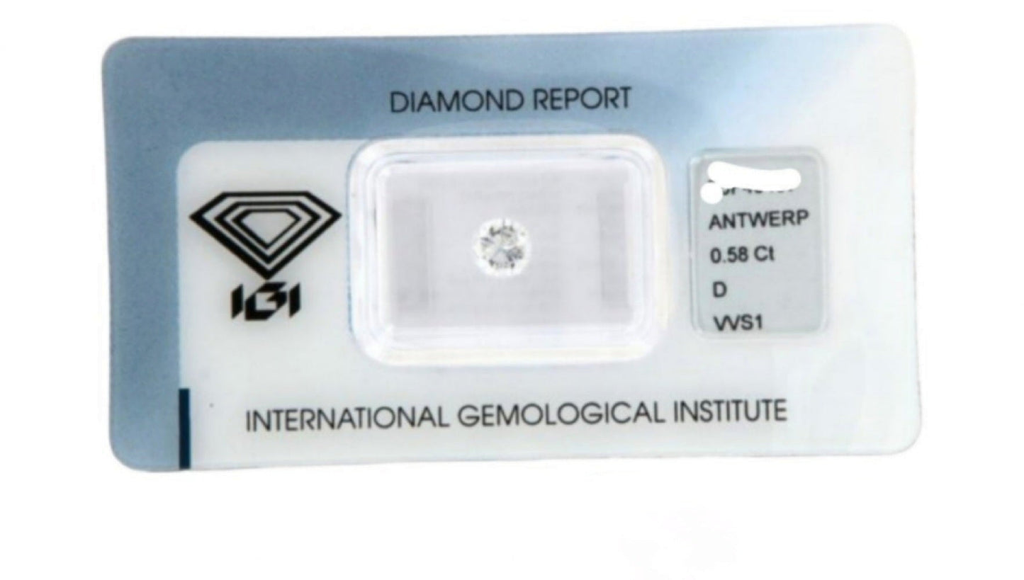Diamante natural certificado por IGI de 0,58 ct, D VVS1