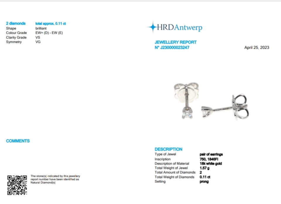Pendientes punto de luz con certificación HRD en oro blanco de 18k y 2 diamantes naturales de 0,11 ct