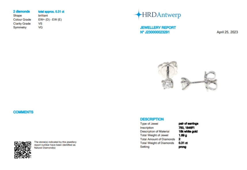 Pendientes punto de luz con certificación HRD en oro blanco de 18k con 2 diamantes naturales de 0,31 ct