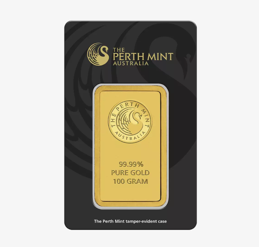 24 Karat reiner Goldbarren, 100 Gramm (Perth Mint), Australien