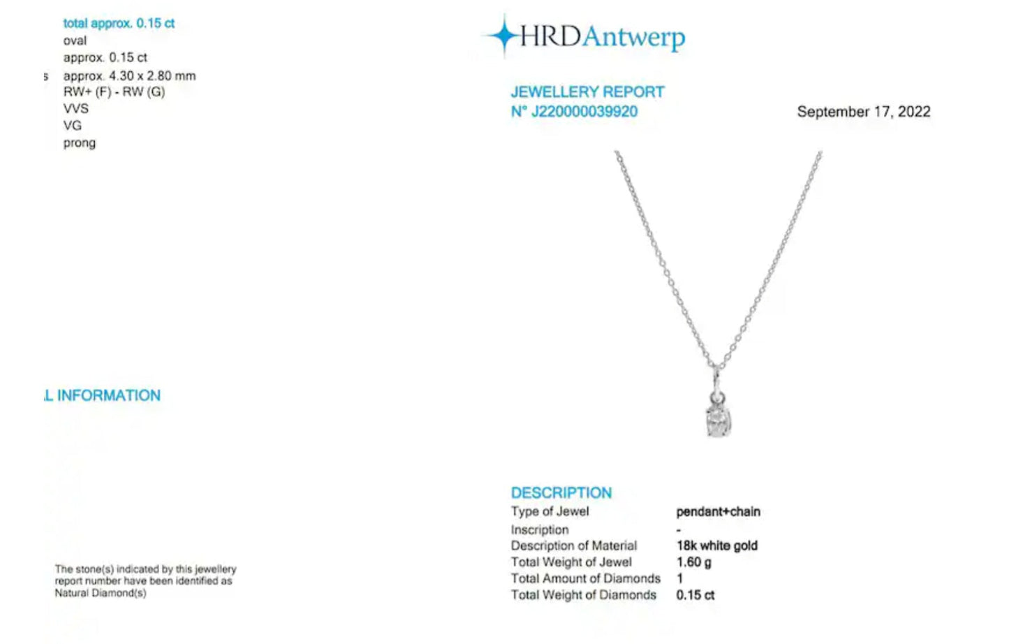 HRD ANTWERP Anhänger ovaler Lichtpunkt Gold und Naturdiamant 0,15 ct