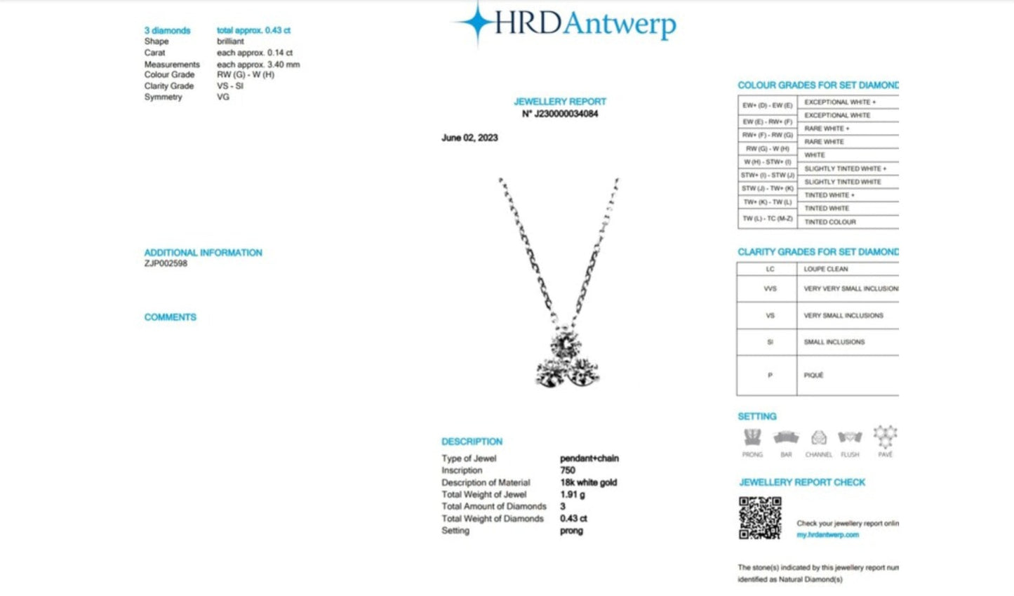 Colgante trilogía certificado HRD en oro blanco y 3 diamantes naturales de 0,43ct