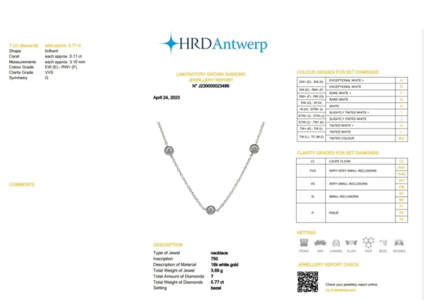 HRD-zertifizierte Halskette aus Weißgold mit 7 natürlichen Diamanten 0,77 ct