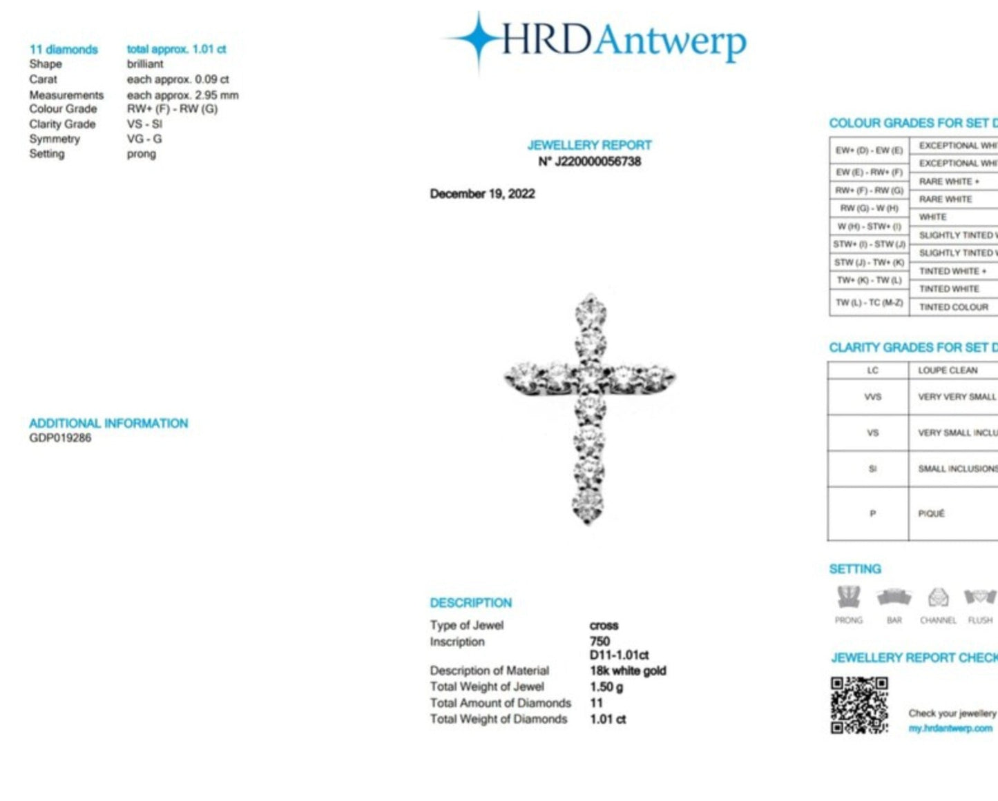 Colgante de cruz con certificación HRD en oro blanco de 18 k y diamantes naturales de 1,01 ct