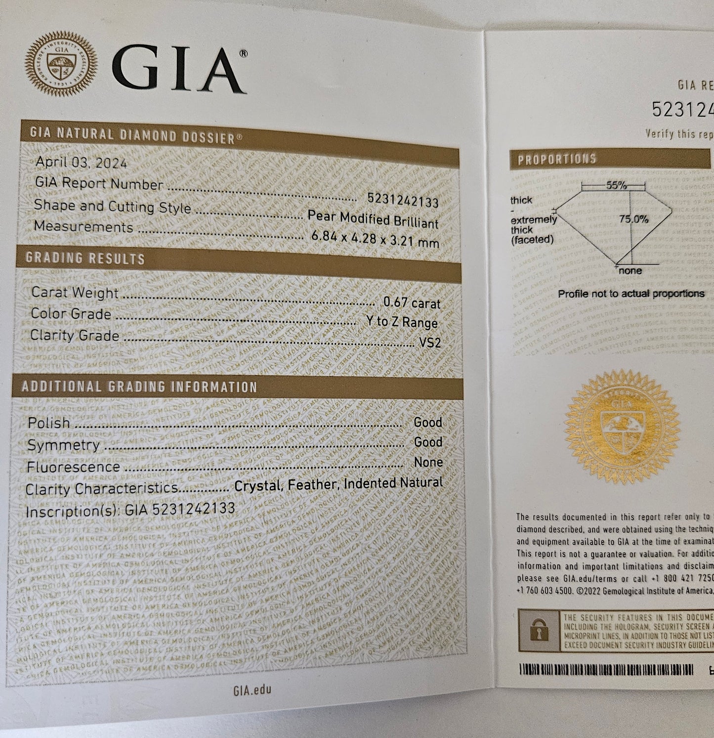 Diamante naturale pera certificato GIA 0.67ct