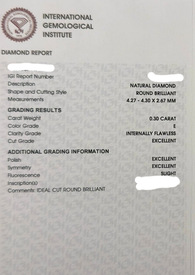 Diamante naturale certificato IGI 0.30ct E IF