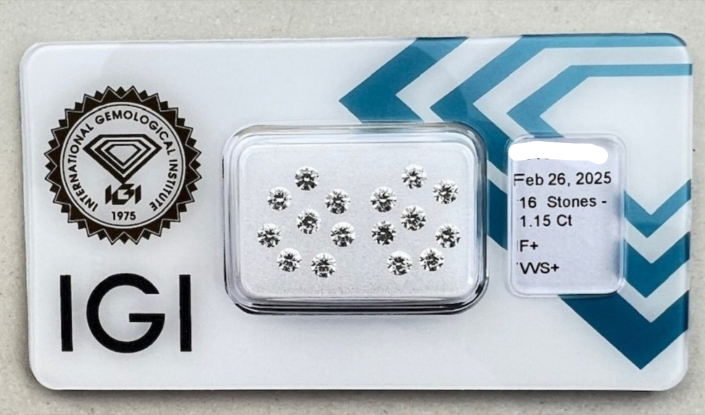 16 pezzi diamanti naturali certificato IGI 1.15ct F VVS1