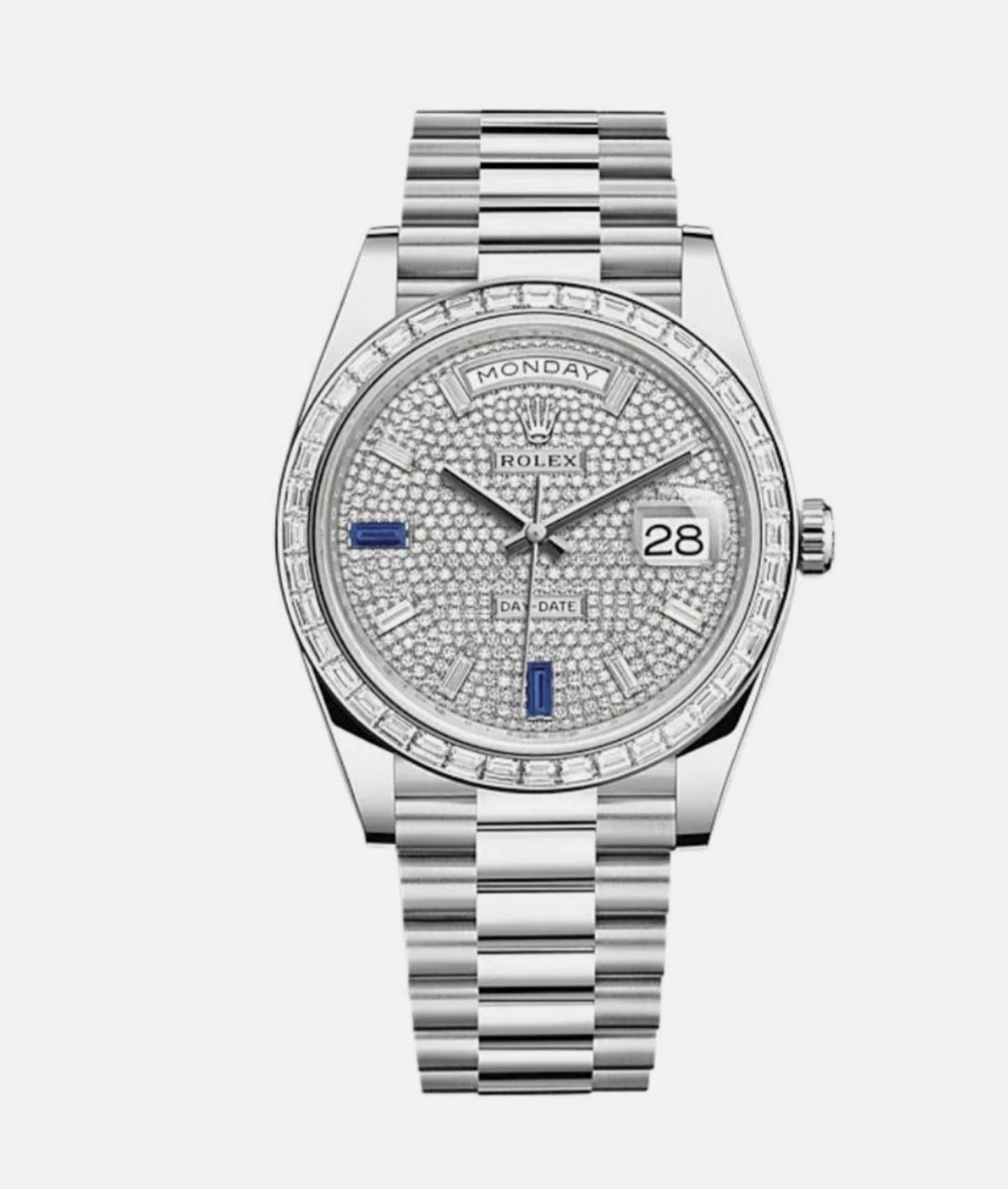 Rolex Day-Date platino lunetta diamantata quadrante zaffiro pavimentat