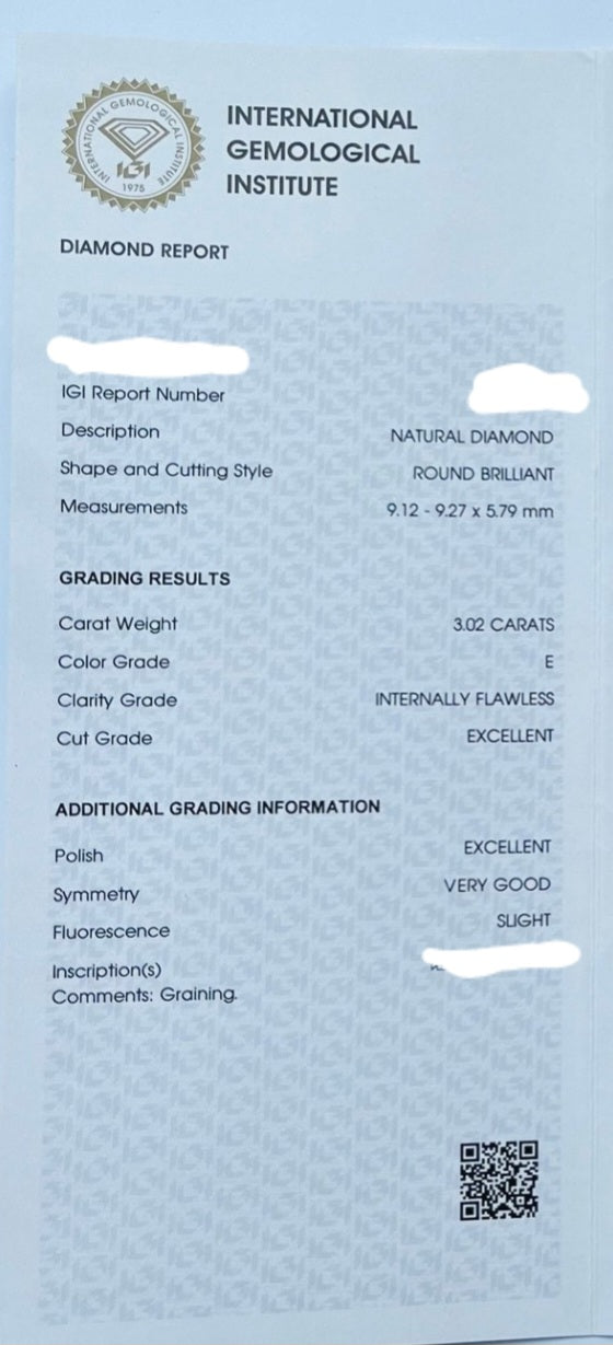 Diamante naturale certificato IGI 3.02ct E IF