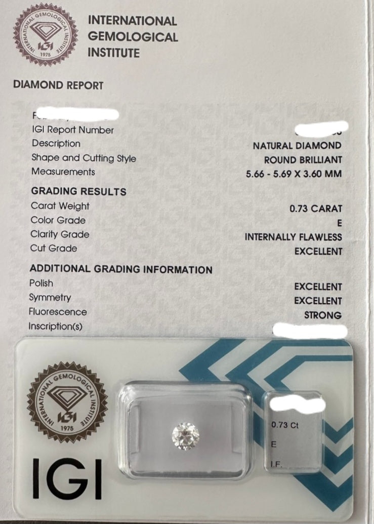 Diamante naturale certificato IGI 0.73 ct E IF