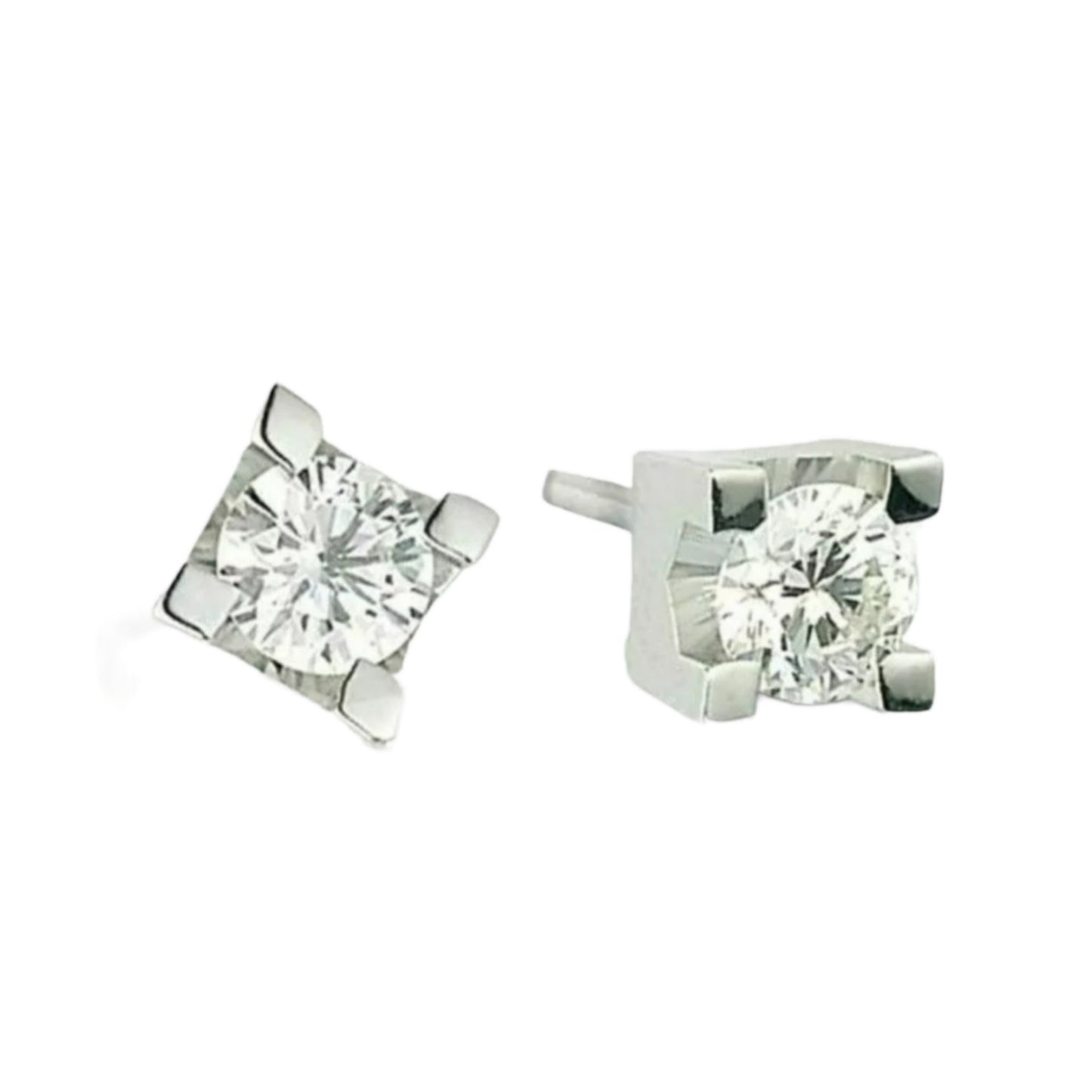 orecchini punto luce quadrato in oro bianco 18k  e 2 diamanti naturali 0,90 ct