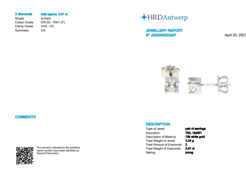 orecchini punto luce quadrato certificato HRD in oro bianco 18k e 2 diamanti naturali 0,81 ct