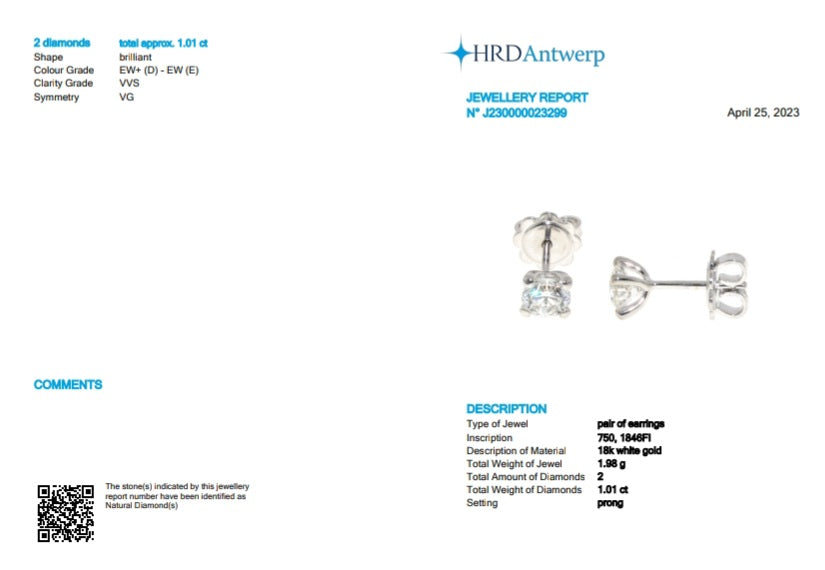 orecchini punto luce certificato HRD in oro bianco 18k e 2 diamanti naturali 1,01 ct