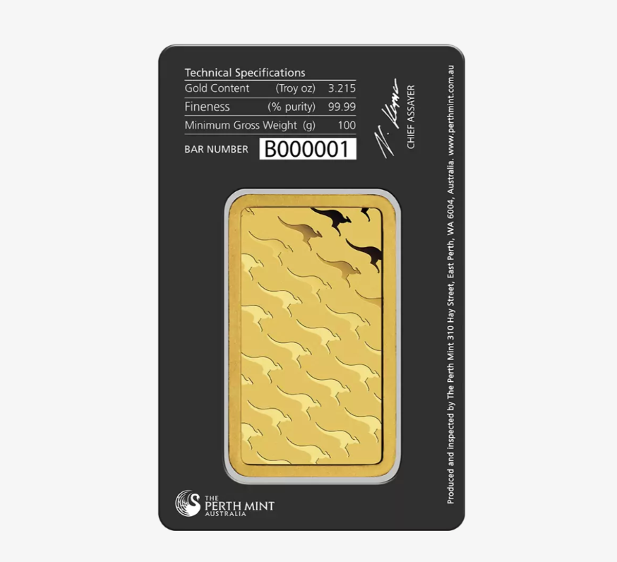 24 Karat reiner Goldbarren, 100 Gramm (Perth Mint), Australien