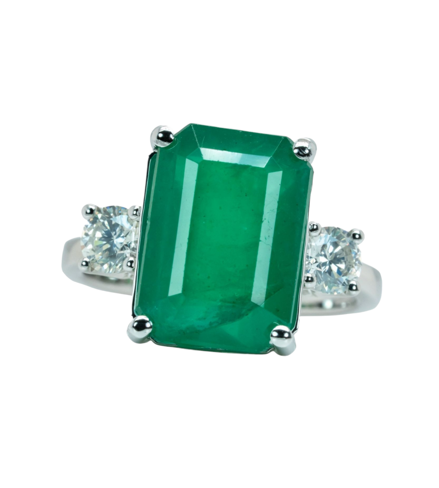 Anello trology in oro bianco e smeraldo 8.60 ct e diamanti naturali 0.70ct