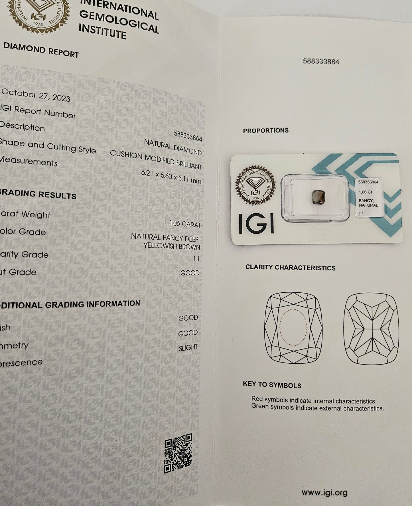 Diamante naturale certificato IGI cuscion fans 1.06 ct