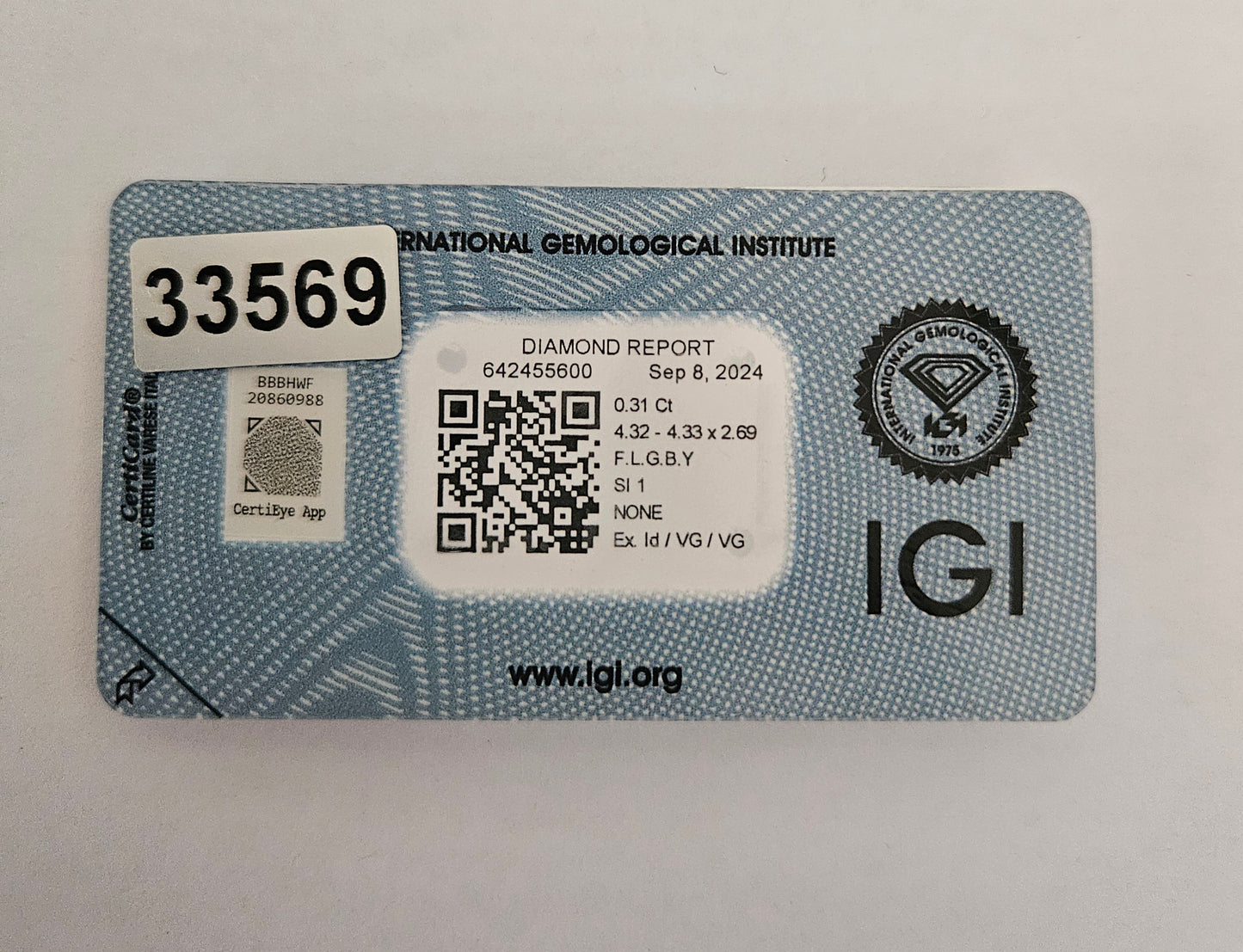 Diamante da investimento certificato IGI 0,31 ct