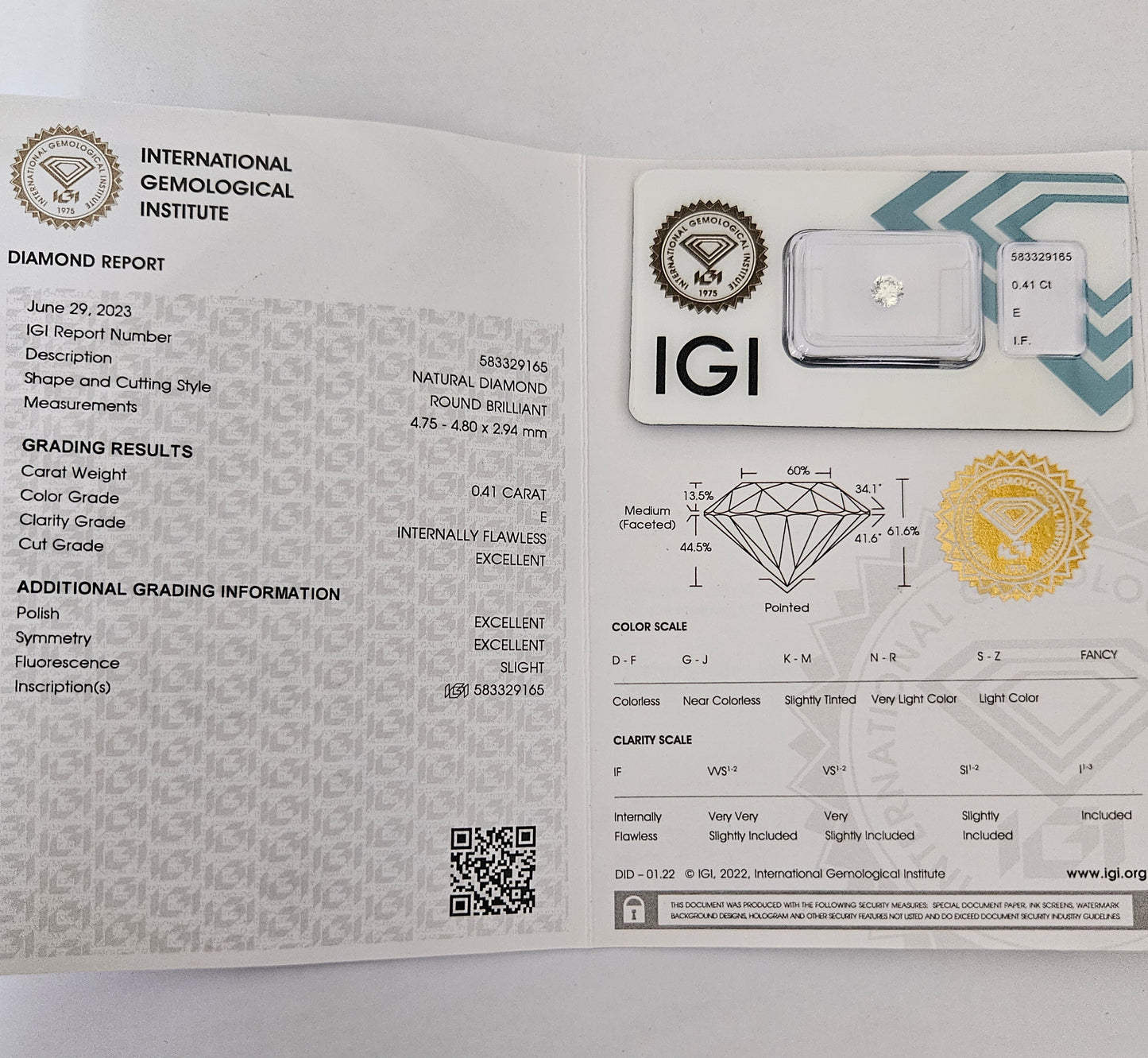 Diamante da investimento certificato IGI 0,41 ct E IF
