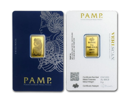 10 pezzi Lingotto oro puro 24k da 5 grammi  (PAMP)(50 grammi)