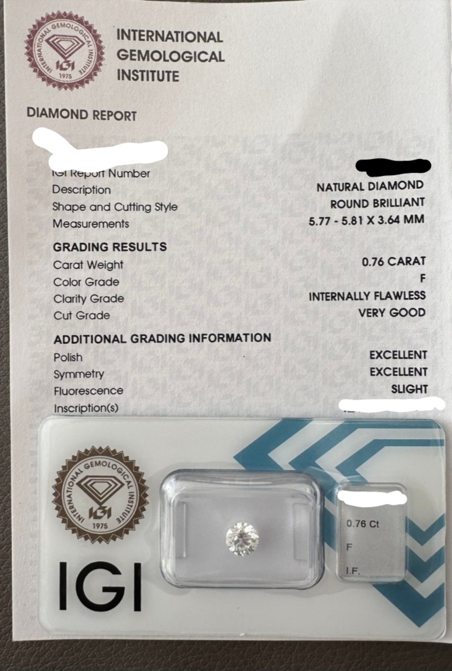 Diamante naturale certificato IGI 0.76 ct  F IF