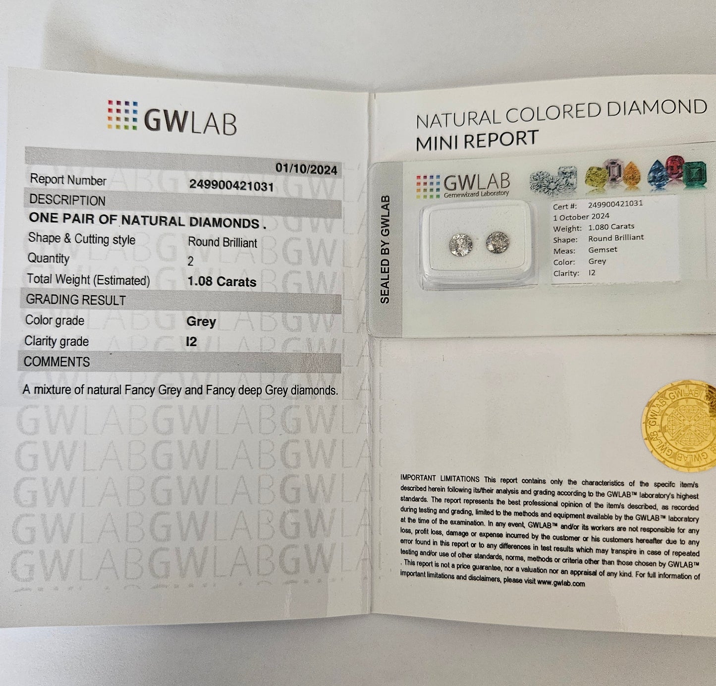 Coppia Diamante naturale certificato 1.080ct