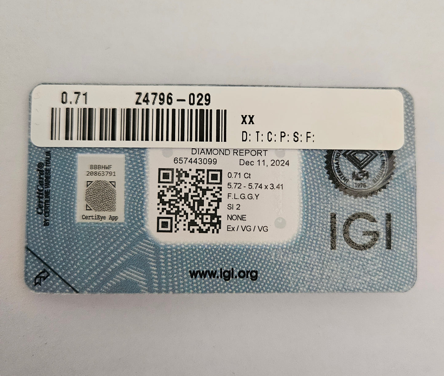 Diamante da investimento certificato IGI 0,71 ct