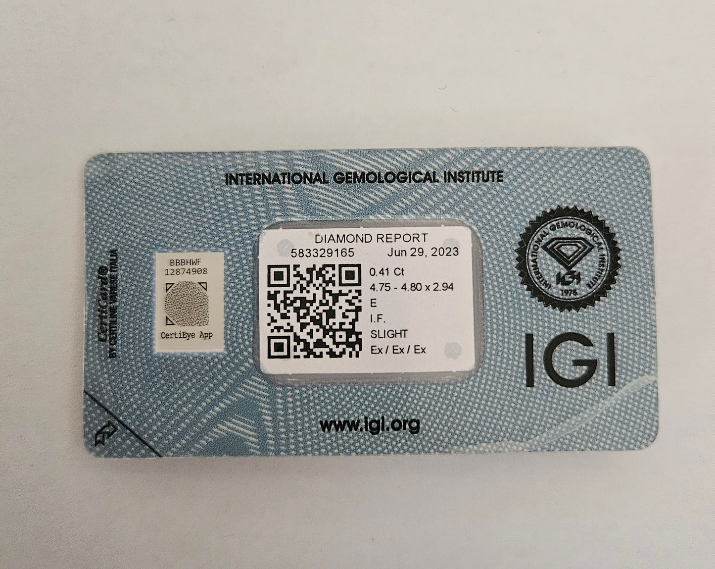 Diamante da investimento certificato IGI 0,41 ct E IF